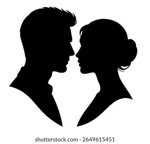 Man and woman silhouette face to face. Male and female heads facing each other. Romantic young couple. Love, passion and relationship, dating, wedding concept. Minimal vector isolated illustration