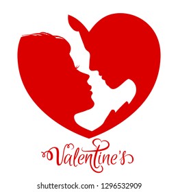 Man and woman silhouette face to face in red heart – stock vector