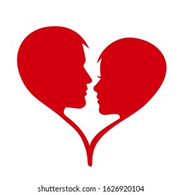 Man and woman silhouette face to face in red heart – vector