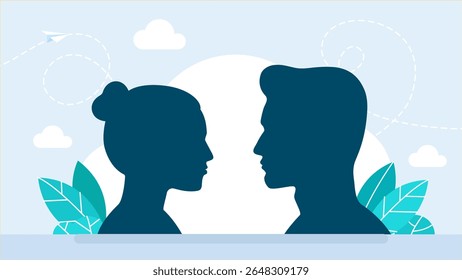 Man and woman silhouette face to face. Simple silhouettes or icon of two people - woman and man facing each other. Relationships, conversation, gender. Vector illustration