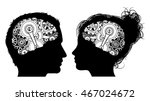 A man and a woman in silhouette with gears or cogs working in their brains