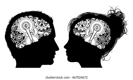 A man and a woman in silhouette with gears or cogs working in their brains