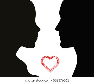 Man and woman silhouette and a grunge heart. Vector illustration