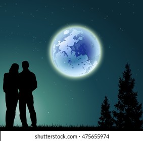 man and woman silhouette on night with pine tree silhouette and full moon background