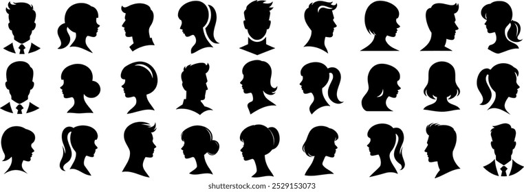 man woman silhouette profile icon collection, diverse male and female head vector, avatar illustration, business and casual styles, unique hairstyle, side view portrait symbol cameo for graphic design
