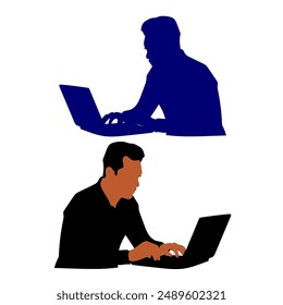 Man, woman silhouette working using laptop, computer for business  vector illustration. Isolated on white background.