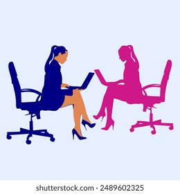 Man, woman silhouette working using laptop, computer for business  vector illustration. Isolated on white background.