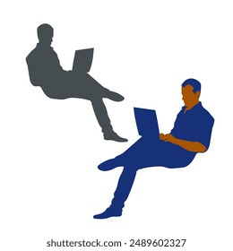 Man, woman silhouette working using laptop, computer for business  vector illustration. Isolated on white background.