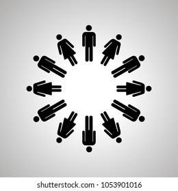 Man and woman silhouettes arranged in round dance, simple black human icons
