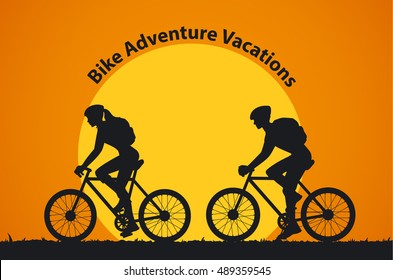 Man and Woman Silhouettes Bikers make a cycling tour. Couple traveling by bikes vector illustration