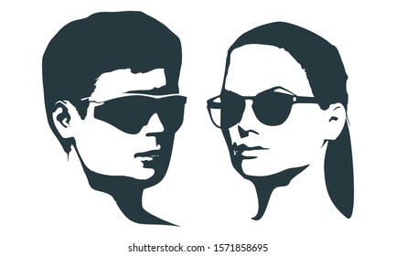 Man and woman silhouettes in black sunglasses. Happy valentines day and wedding design elements. Half turn view.