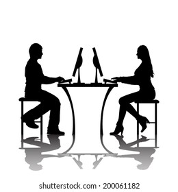 man and woman silhouettes are chating with computers