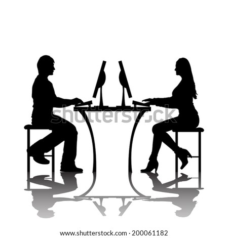 man and woman silhouettes are chating with computers
