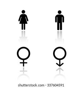 Man and woman silhouettes drop shadow icons set. WC entrance gender symbols, male and female toilet door signs, lady and gentleman restroom labels. Cast shadow logo concepts. Vector illustrations