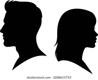 Man and woman silhouettes face opposite directions Minimalist design conveys separation or introspection