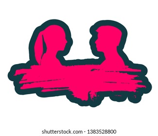 Man and woman silhouettes looking at each other. Grunge brush stroke. Happy valentines day and wedding design elements. Side view.