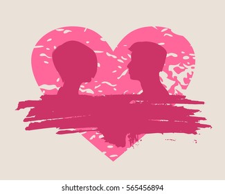 Man and woman silhouettes looking at each other. Grunge brush stroke. Happy valentines day and wedding design elements. Vector illustration. Pink broken heart. Side view