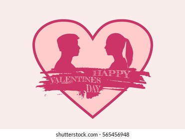 Man and woman silhouettes looking at each other. Grunge brush stroke. Happy valentines day and wedding design elements. Vector illustration. Big heart on backdrop. Side view. Happy Valentine Day text