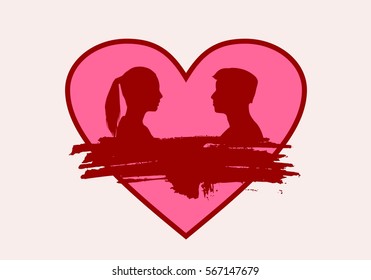 Man and woman silhouettes looking at each other. Grunge brush stroke. Happy valentines day and wedding design elements. Vector illustration. Big heart on backdrop. Side view.