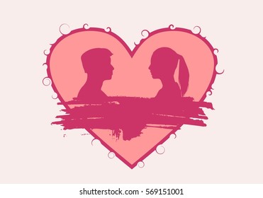 Man and woman silhouettes looking at each other. Grunge brush stroke. Happy valentines day and wedding design elements. Vector illustration. Big heart on backdrop. Side view.