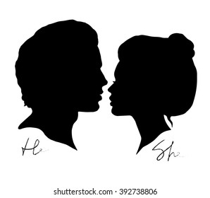 Man and Woman silhouettes on a white background. Black faces profiles in vector. Couple kissing. He and She hand drawn lettering. Wedding invitation card