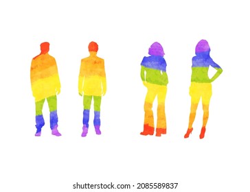 Man and woman silhouettes in PRIDE LGBT rainbow colours isolated on white