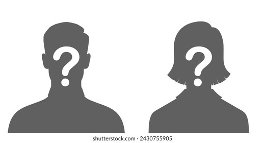 Man and woman silhouettes with question marks. Anonymous persons graphic signs isolated on white background. Vector illustration