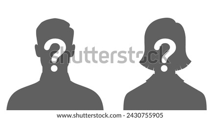 Man and woman silhouettes with question marks. Anonymous persons graphic signs isolated on white background. Vector illustration