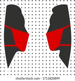 Man and woman silhouettes in red masks against the background of many corona virus bacteria in air. Wearing a surgical protective medical mask for prevent virus covid-19. Health care concept.