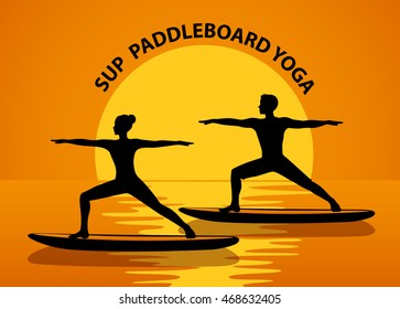 Man and Woman Silhouettes in warrior pose at sunset. Stand up paddle yoga workout on water