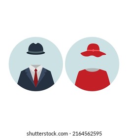 Man and woman silhouettes without heads and with hats. Anonymous male and female heads in circles