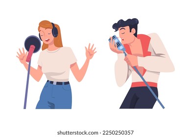 Man and Woman Singer and Musician with Microphone Performing Music on Stage Vector Set