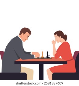 Man and a woman sit across from each other at a table, deeply engaged in a chess match. Flat vector illustration isolated on white background