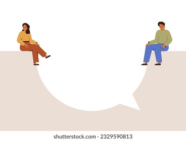 Man and woman sit apart and can't agree. Misunderstanding in the family. young couple, colleagues or friends have difficulty communicating with each other.Big speech bubble separates sad people.Vector