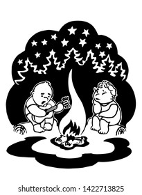 man and woman sit by the fire and sing songs with a guitar