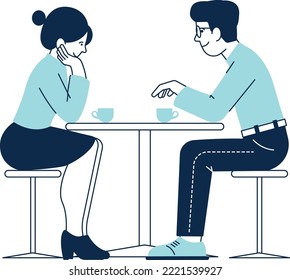 Man and woman sit at cafe table. Date icon. Romantic relationship