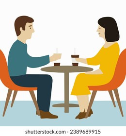 A man and woman sit at a coffee shop table, sipping coffee, enjoying a quiet moment together.