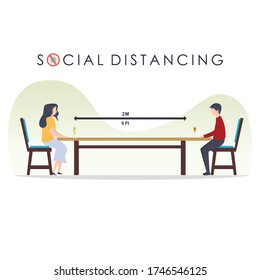 A man and a woman sit a distance apart in food center, a restaurant or a cafe, Social distance concept in restaurant, vector illustration.