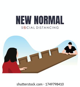 A man and a woman sit a distance apart in food center, a restaurant or a cafe, Social distance concept in restaurant, vector illustration.