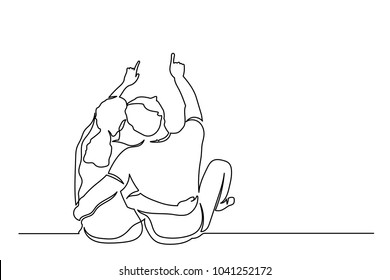 A man   woman sit in an embrace   point finger up  One line drawing isolated vector object by hand white background 