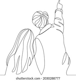A man and a woman sit in an embrace and point a finger up. One line drawing isolated vector object by hand on a white background.
