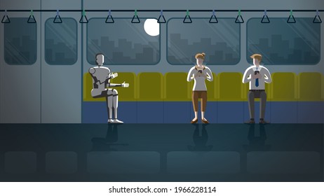 Man and woman sit and listen to the robot speak chatting while using smartphone on train public transportation in dark night and full moon. In the future, cyborg will be a part of people's daily life.