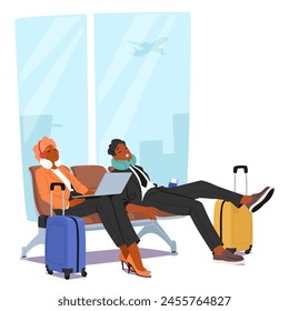 Man And Woman Sit On A Bench At The Airport With Luggage, Enjoying The Comfort Of Sitting Together and Sleeping. Flying Airplanes In The Background Creating A Relaxing Atmosphere. Vector Illustration