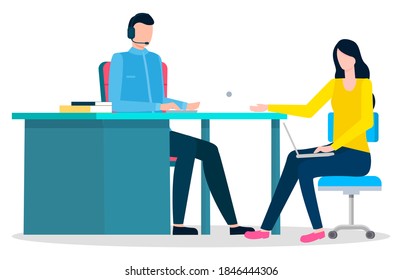 Man and woman sit on chair by table in office. Office workers use computer and laptop for work. Managers working together in team. Modern design of workspace with books. Vector illustration in flat