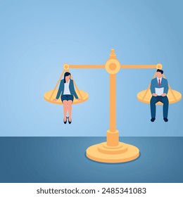 A man and woman sit on the same scale, an illustration for gender equality.