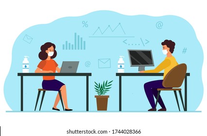 A man and a woman sit opposite each other in the workspace. Employees in medical masks, protection measures in the office from coronavirus. Team communication using social distance. Flat illustration 