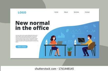 A man and a woman sit opposite each other in the workspace. Employees in medical masks, protection measures in the office from coronavirus. Concept of landing page.