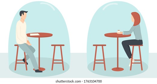 Man And Woman Sit Separately In The Restaurant Alone Because Of Social Distancing Restrictions. Eat Food In Cafe Solo. Dome Surround Clients In Public Place. Flat Cartoon People Eat Outdoors.