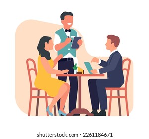 Man and woman sit at table in cafe and waiter takes their order. Romantic dating. Dinner in restaurant. Couple at dining desk with menu. Family ordering meal in cafeteria