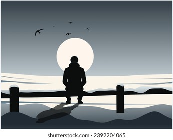 man woman, sitting alone in dark cold winter background , mental disorder, depression concept art, flat design vector